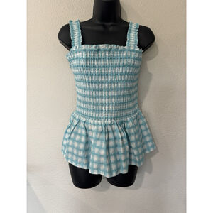 Blue Gingham Smocked Peplum Cottagecore Top MD